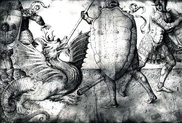 Krigere som kjemper mot en drage, ca. 1450 (blekk på vellum) av Jacopo Bellini