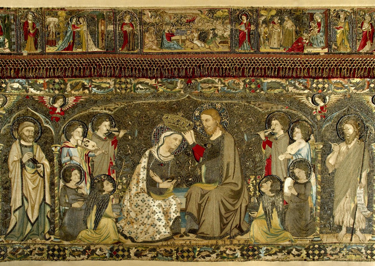 Jomfruens kroning mellom åtte engler og fjorten hellige (kirkelig broderi) av Cambi, Jacopo (aktiv ca 1336) av Jacopo Cambi