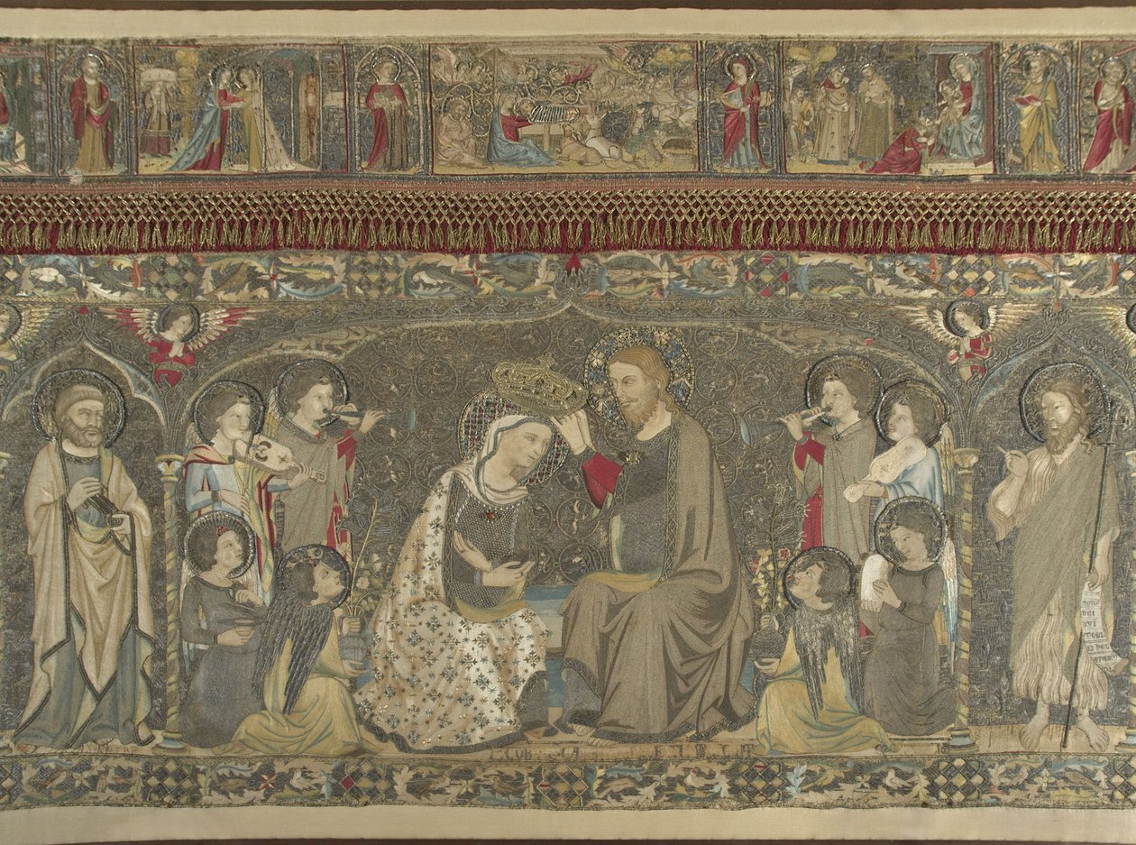 Jomfruens kroning mellom åtte engler og fjorten hellige Kirkelig broderi, 1 av Jacopo Cambi