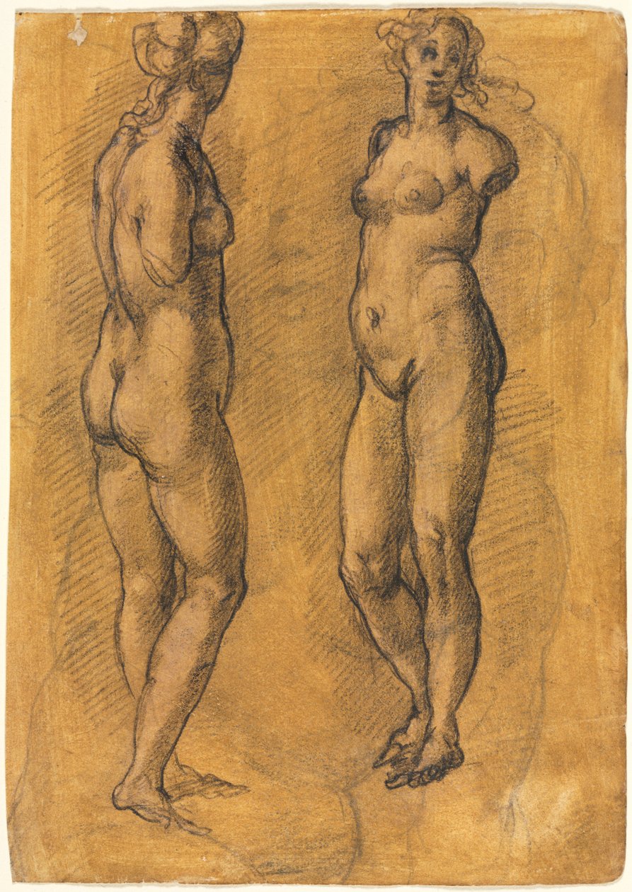 Kopi av en antikk statue av en stående kvinne to visninger, over en skisse av en Putto, 1570-tallet. av Jacopo Chimenti