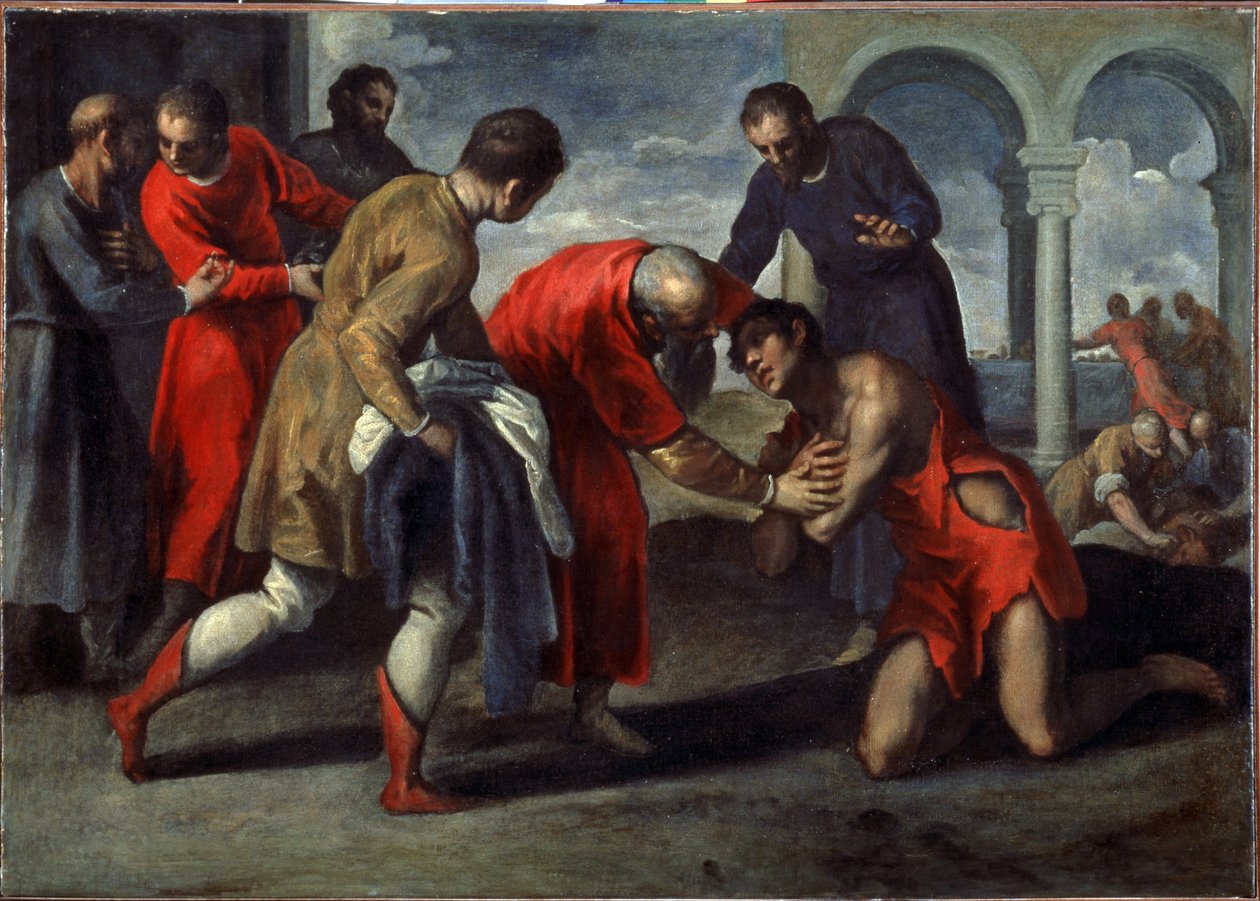 Return of the Prodigal Son. Maleri av Jacopo Palma il Giovane den yngre (1544-1628), etter 1600. Olje på lerret. Italiensk kunst, manneristisk stil. Galleria dell