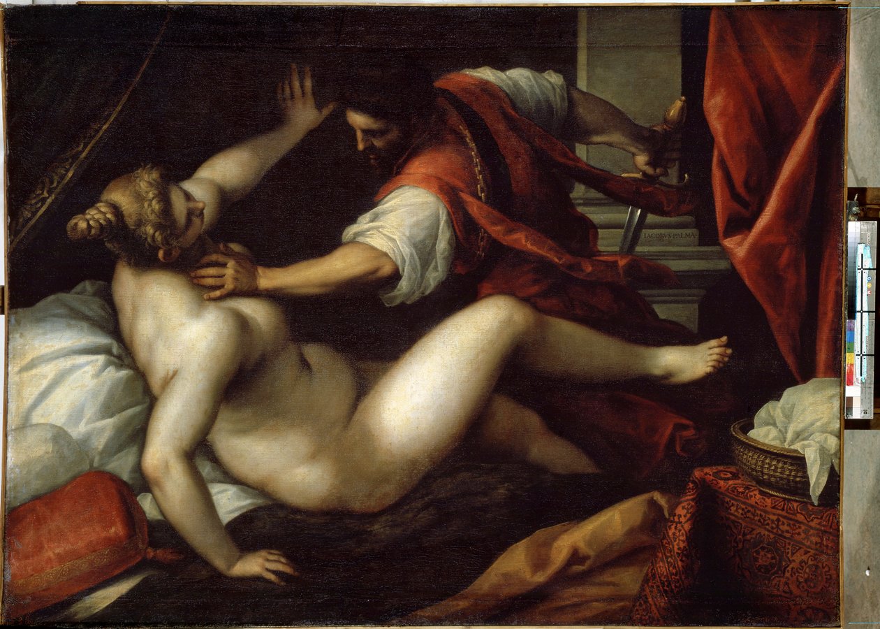 Tarquin og Lucretia (Tarquinius og Lucretia). Sextus Tarquinius voldtar Lucretius, en hendelse som ville ført til monarkiets fall og begynnelsen av republikken i det gamle Roma, i 509 f.Kr. Maleri av Jacopo Palma il Giovane (De unge av Jacopo Il Giovane Palma