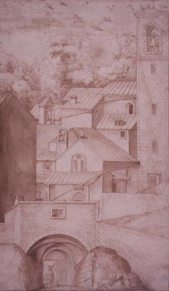PD.53-1997 Utsikt over klosteret La Verna, inngangsporten og klokketårnet, ca. 1607-12 (vask, penn og blekk på papir) av Jacopo Ligozzi