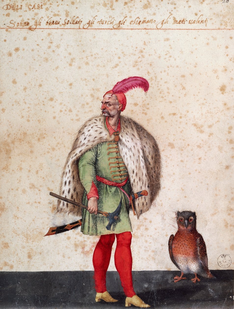 Tyrkisk soldat med ugle, tegning av Jacopo Ligozzi (1547-1627) av Jacopo Ligozzi