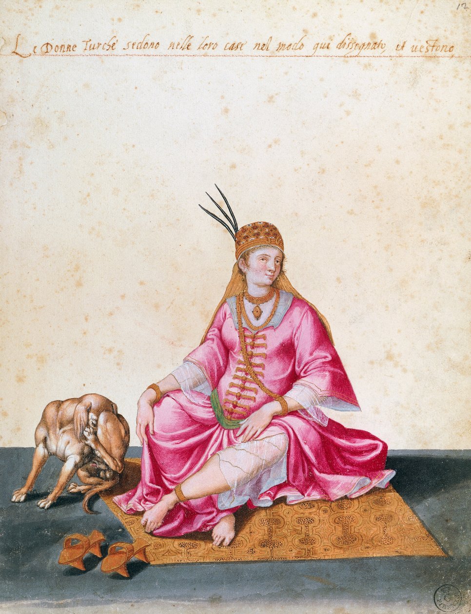 Tyrkisk kvinne med hund, tegning av Jacopo Ligozzi (1547-1627) av Jacopo Ligozzi