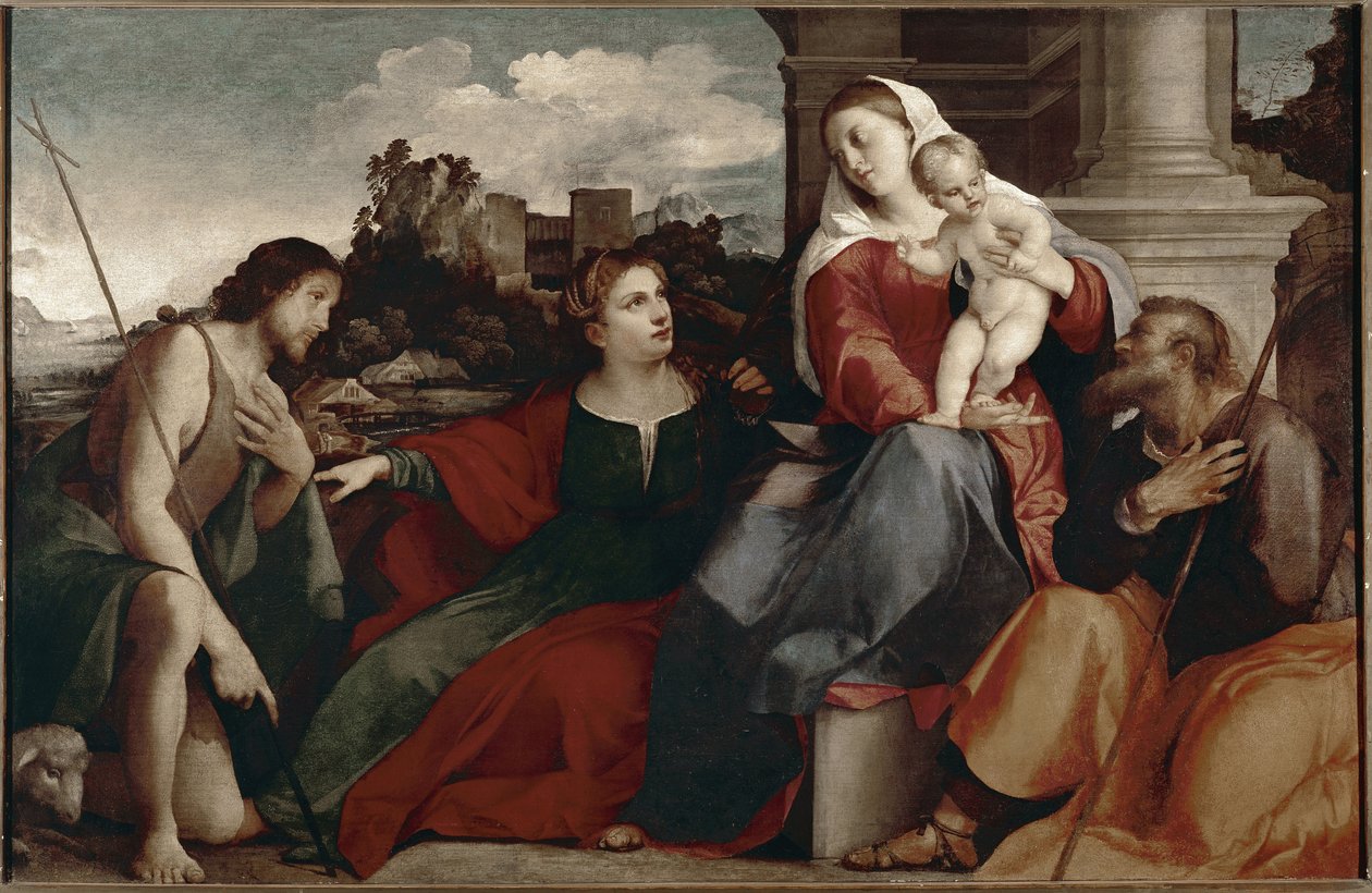 Hellig samtale. Representasjon av den hellige familie med St. Katarina av Siena og St. Johannes døperen. Maleri av Jacopo Negretti dit Palma il vecchio av Jacopo Palma