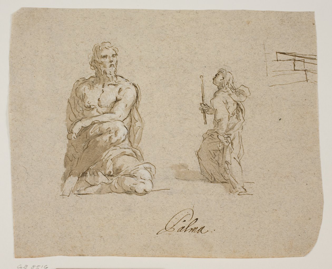 Knælende mann, jente med et stearinlys monteringstrapp (jomfruen går inn i tempelet), perspektivskisse for trappen av Jacopo Palma