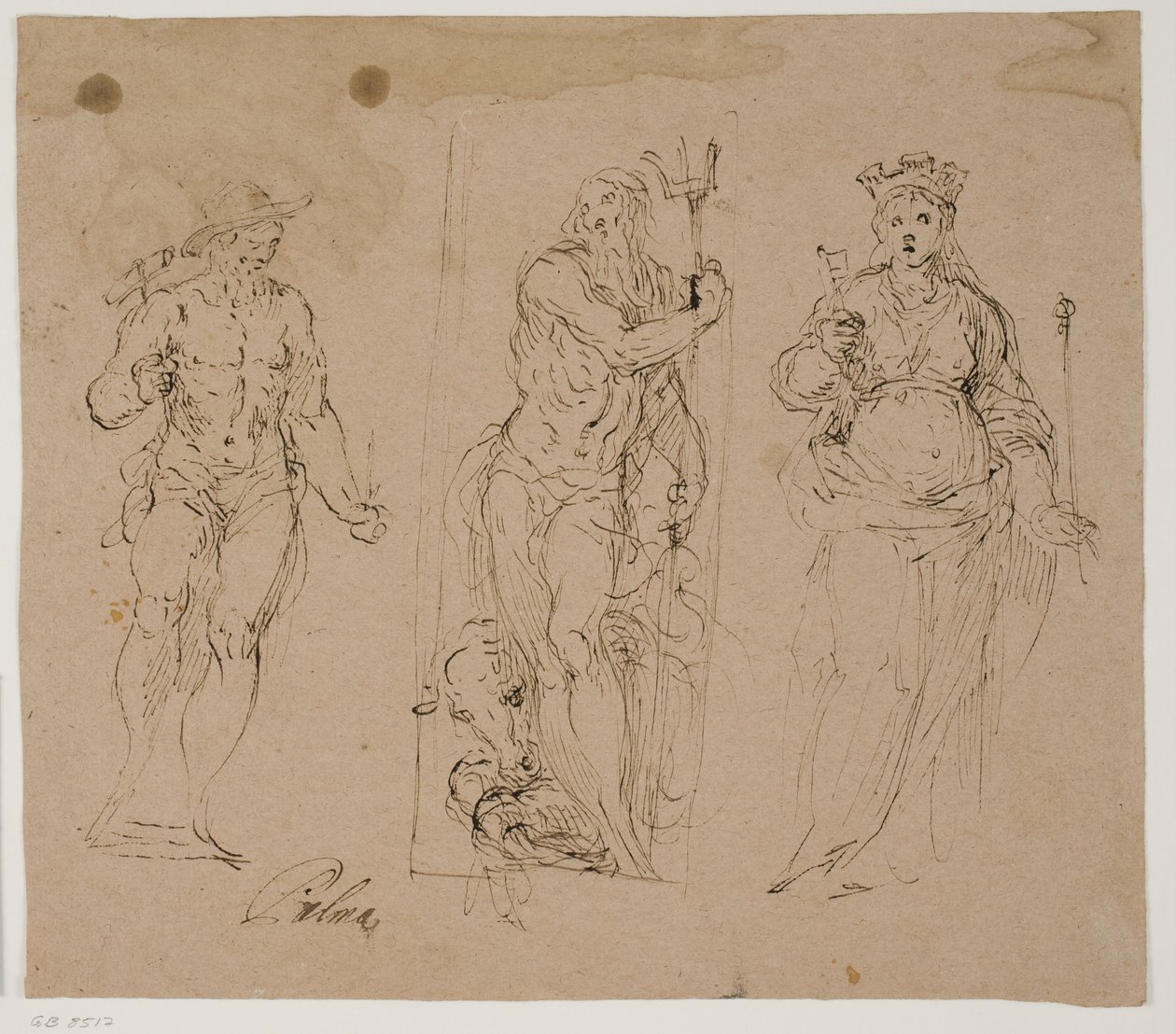 Neptun flankert av Vulcan(?) og personifiseringen av en by av Jacopo Palma