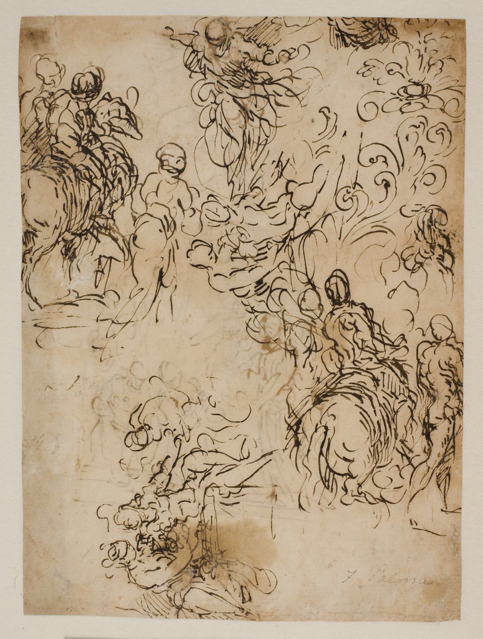 Skisser for Kristus som svever i luften, ryttere, et sittende par og en blomsterpynt av Jacopo Palma