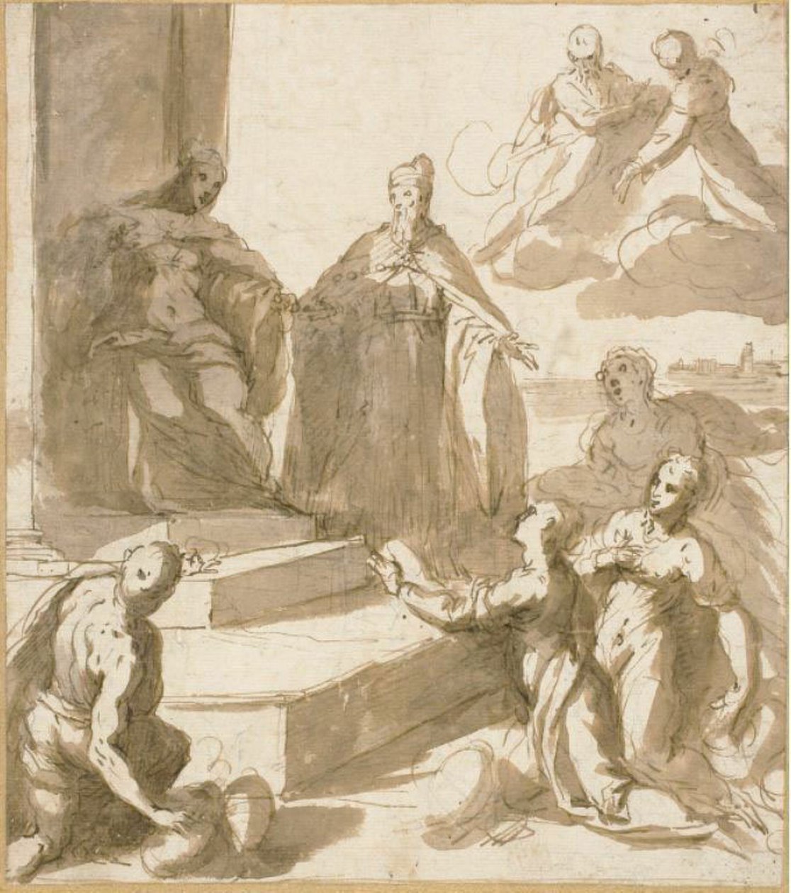 Studie for Venezia som mottar hyllest og gaver fra Brescia, Udine, Padua og Verona, med Doge Francesco Venier som presenterer dem av Jacopo Palma il Giovane