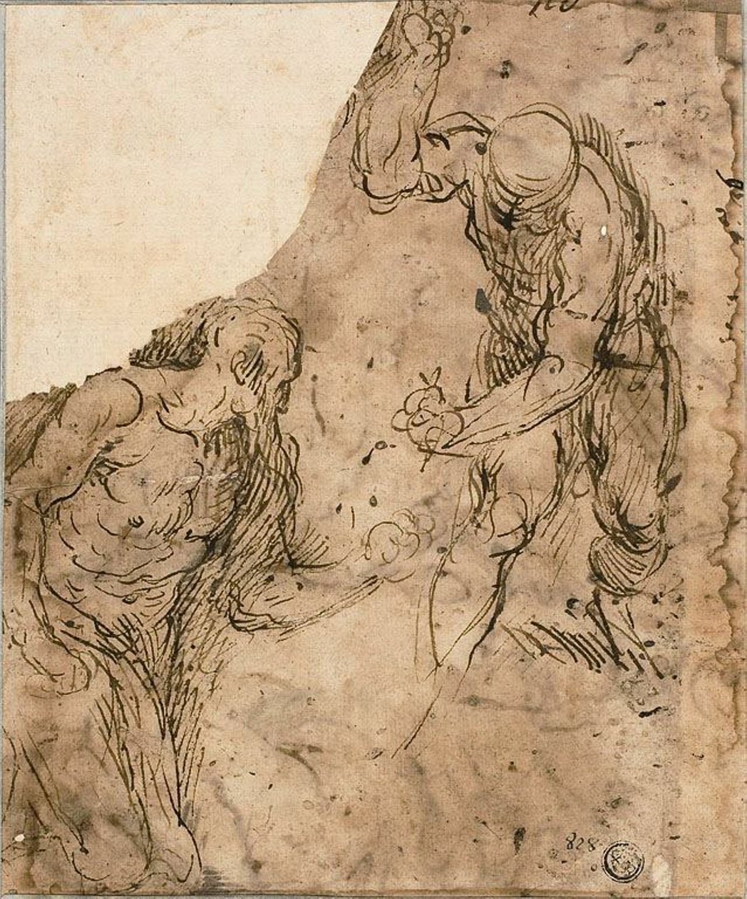 To skisser av mannlige nakenbilder, en knelende, en stående (recto); Tre skisser: Sittende naken mann, liggende naken mann, mannlig hode i profil (verso) av Jacopo Palma il Giovane