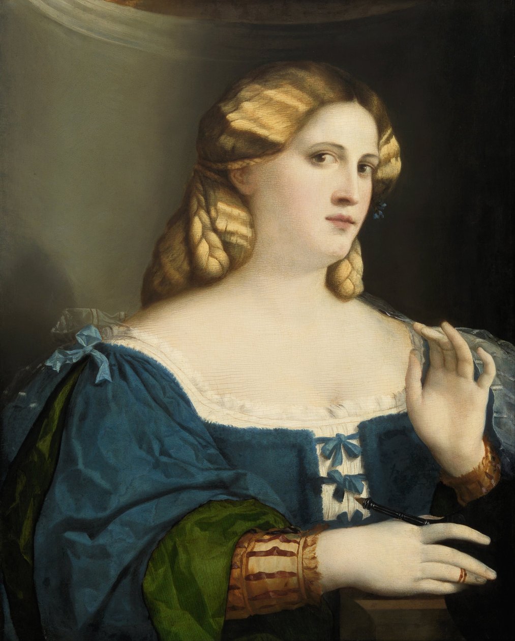 Ung kvinne i en blå kjole, med vifte, 1512-1514 av Jacopo Palma il Vecchio the Elder