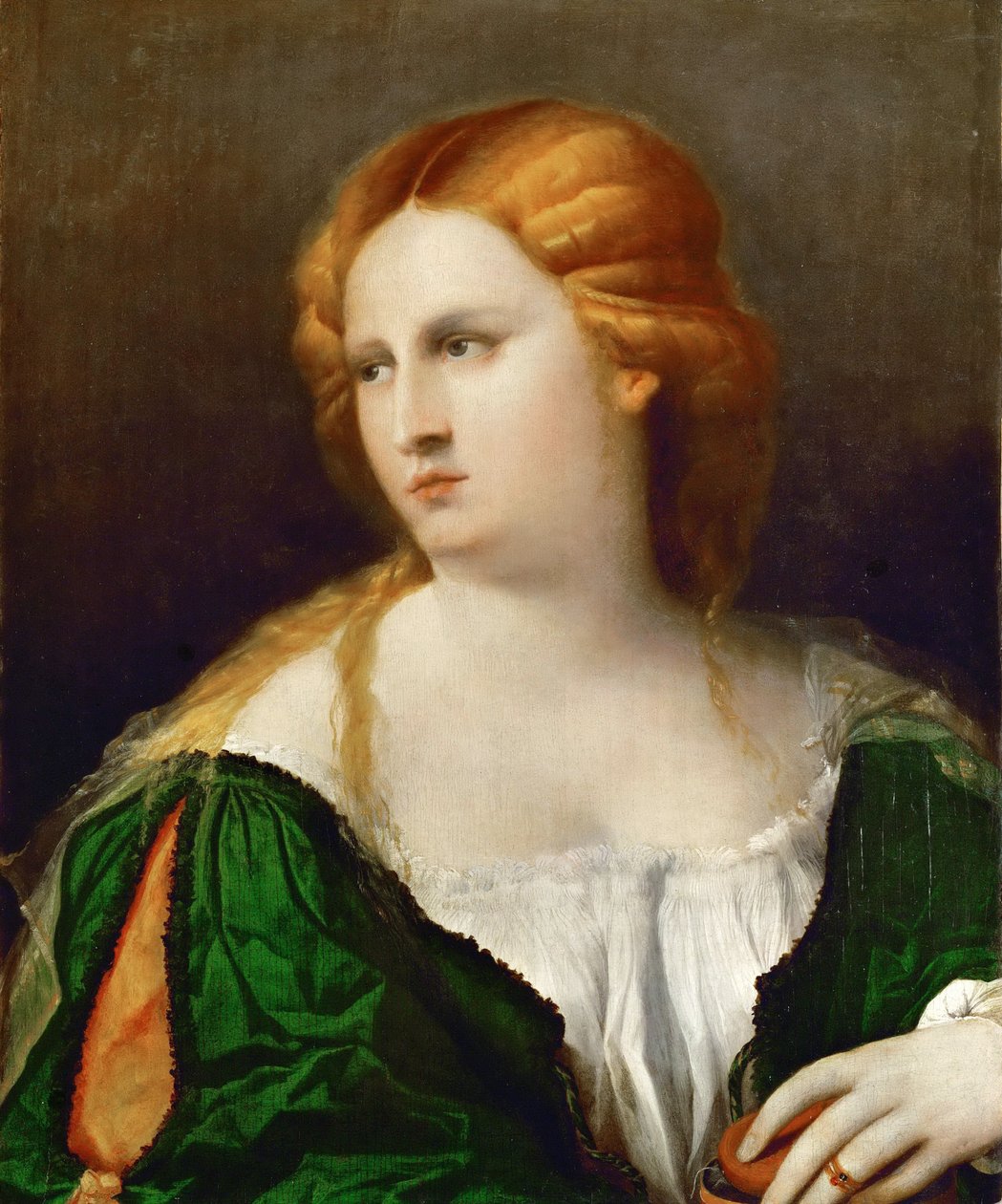 Ung kvinne i en grønn kjole, en boks i hånden, ca 1514 av Jacopo Palma il Vecchio the Elder
