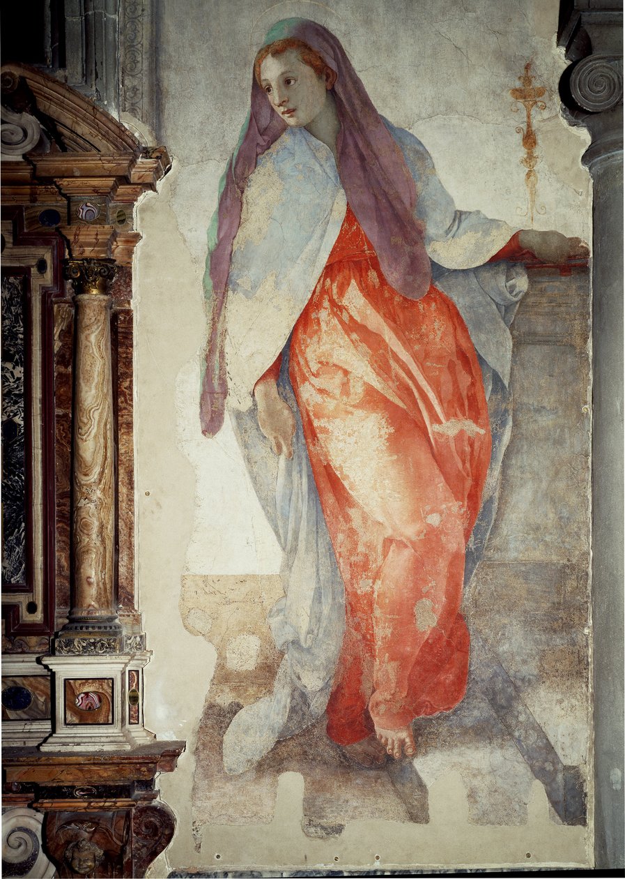 Kunngjøring. Detalj av Jomfruen - Fresco av Jacopo Pontormo