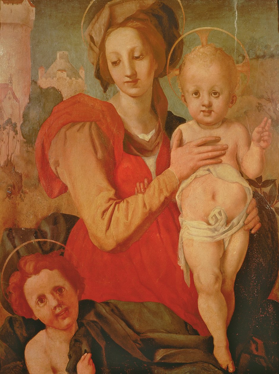 Madonna og barn med spedbarnet St. Johannes døperen (panel) av Jacopo Pontormo