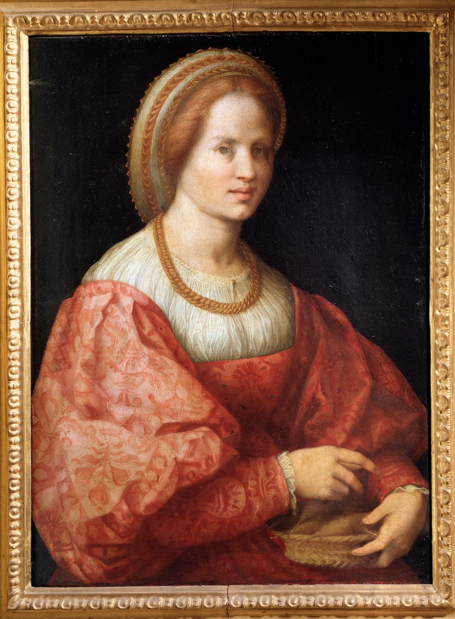 Portrett av dame med en kurv med spindler - olje på panel av Jacopo Pontormo