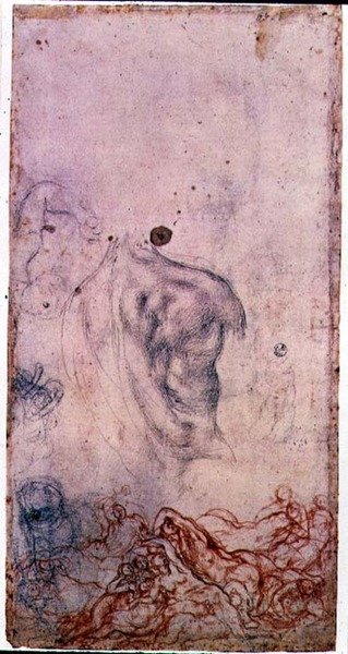 Studie for et portrett av Cosimo I Giovinetto med andre studier av vridende kropper (svart og rødt kritt på papir) av Jacopo Pontormo