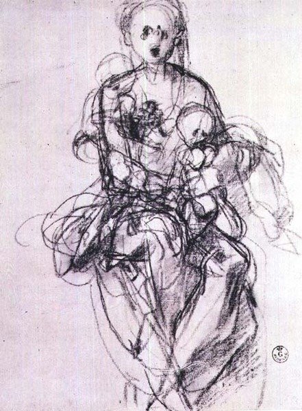 Studie av en Madonna og et barn (kritt) av Jacopo Pontormo
