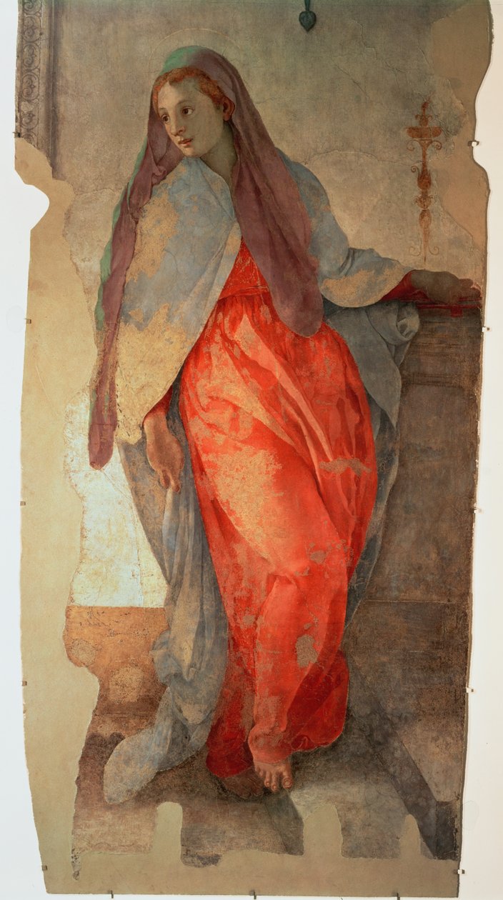 Bebudelsen, detalj av jomfruen, ca. 1527 freskomaleri av 57520, se også 94964 av Jacopo Pontormo