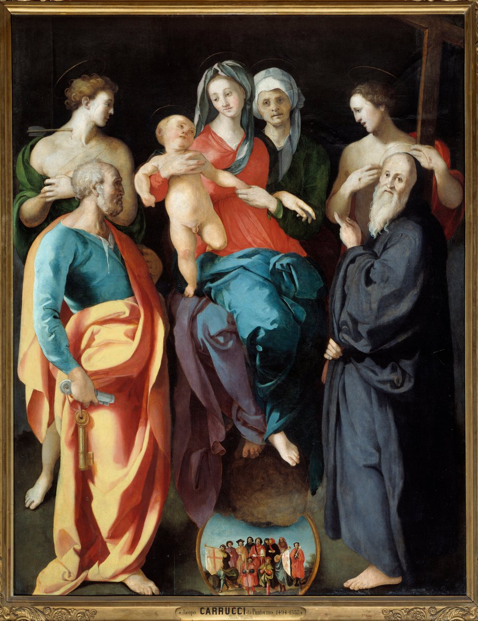 Jomfruen har barn med Saint Anne og fire helgener Saint Sebastian, Peter, Benedict of Nursie and the Good Thief (også kalt Saint Dismas (eller Dysmas, Dimas, Dumas) Maleri av Jacopo (Iacopo) Carrucci dit il Pontormo (Pontormo) (1494) -1556) 1529 Dim 2,28 av Jacopo Pontormo