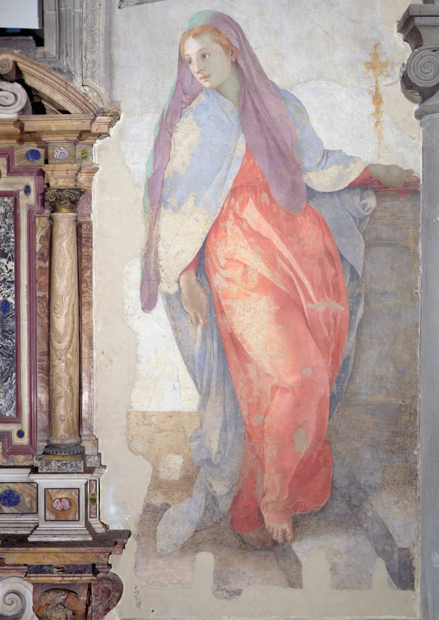 The Visitation, detalj av Elizabeth til høyre for alteret av Jacopo Pontormo