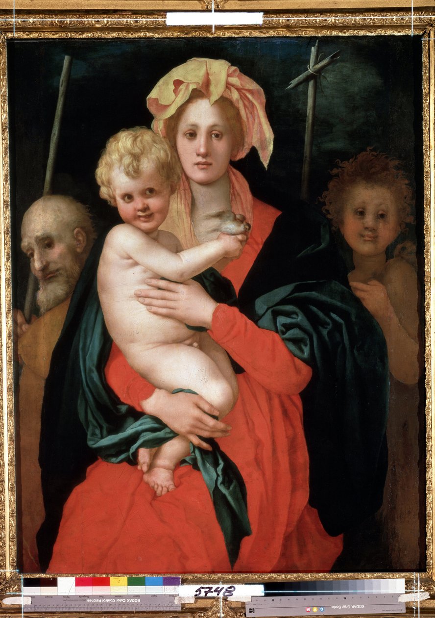 Jomfru og barn med Saint Joseph og Saint John the Baptist (Madonna og barn med Saint Joseph og Johannes døperen). Kristus holder en fugl i hånden. Maleri av Jacopo (Iacopo) Carrucci dit il Pontormo (Pontorme) (1494-1557), ca. 1520. Kunstflora av Jacopo Pontormo