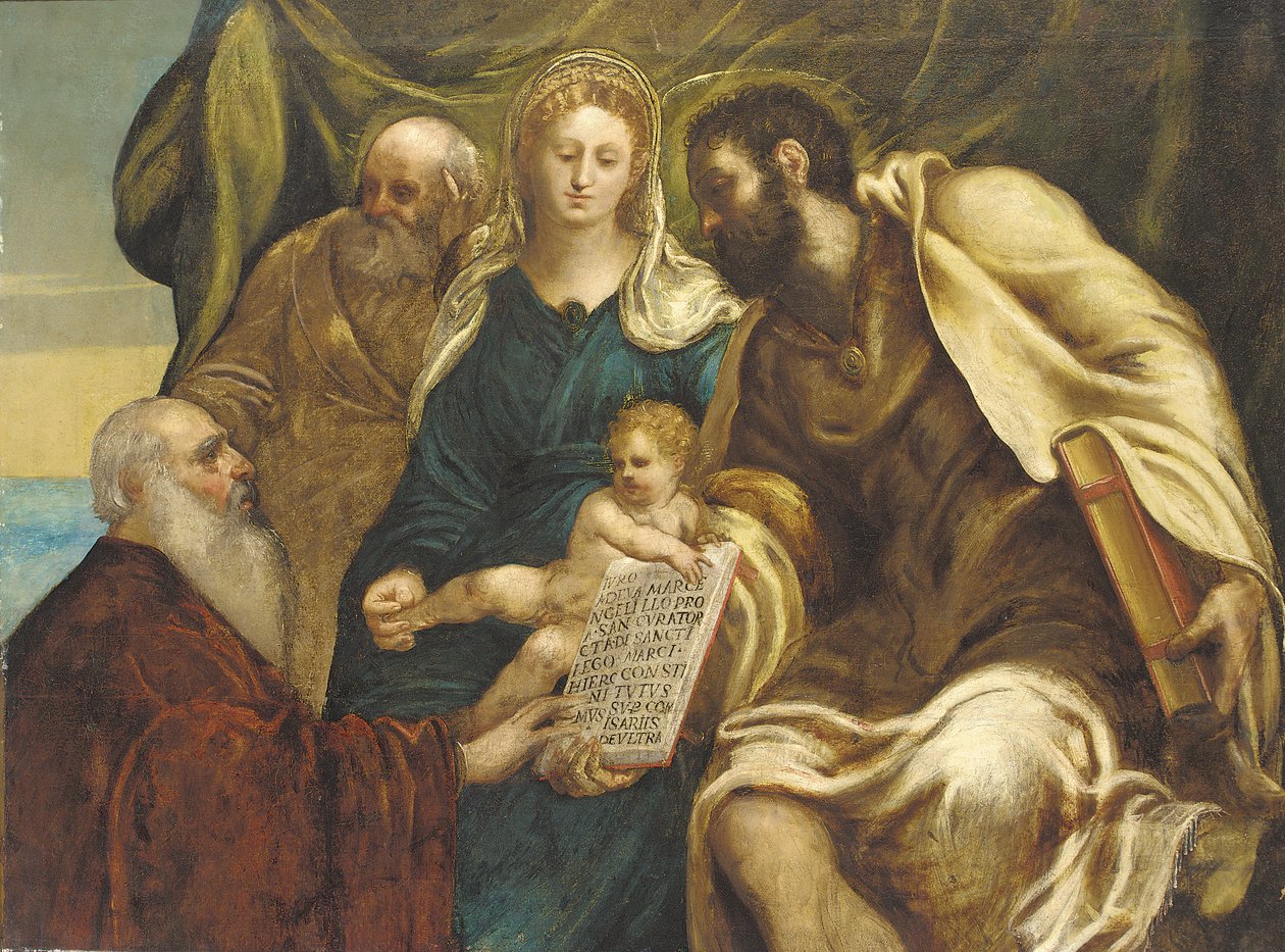 Den hellige familie og Doge Ranieri (olje på lerret) av Jacopo Robusti (studio of) (attr. to) Tintoretto