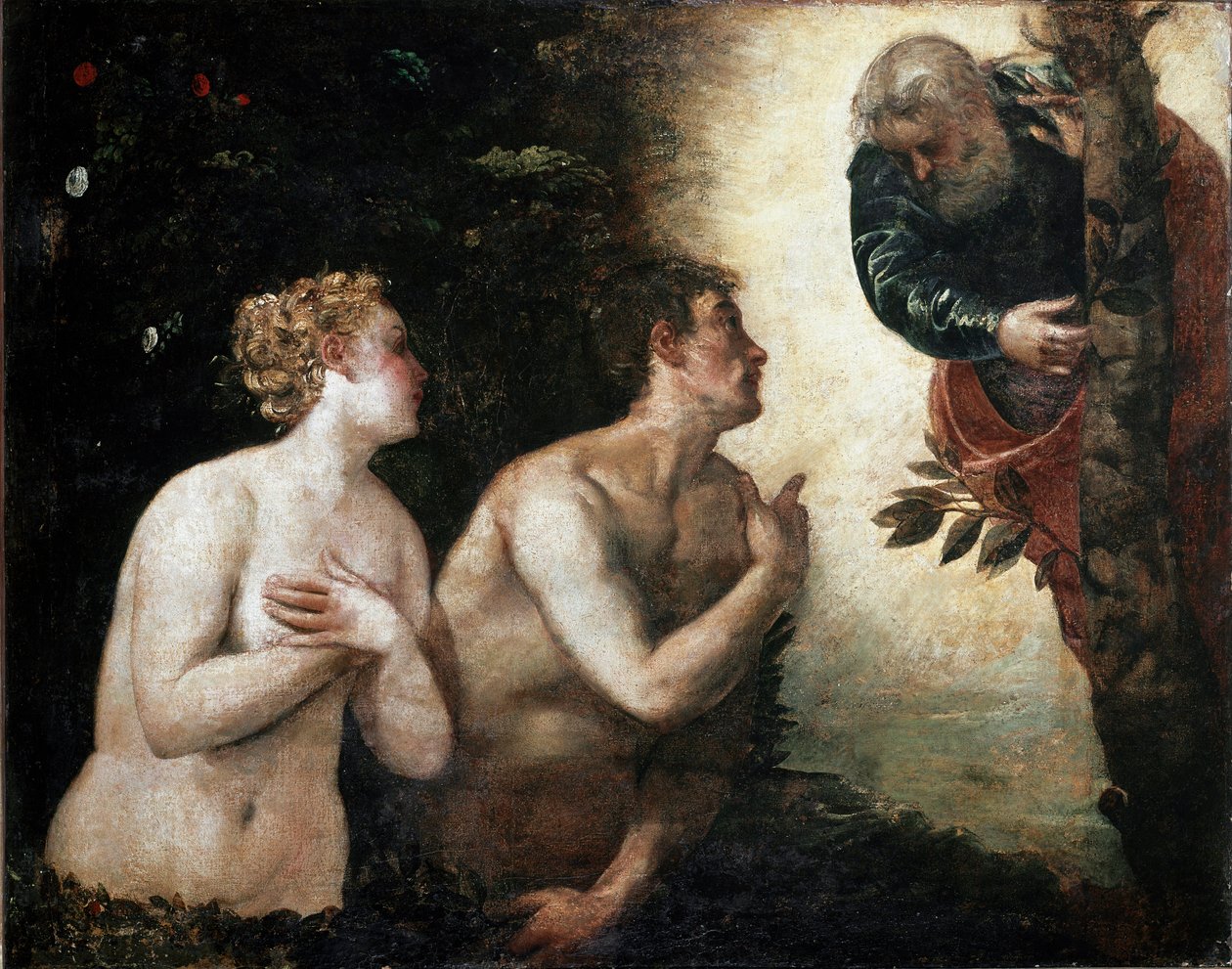 Adam og Eva står overfor den evige far Maleriet av Jacopo Robusti sa Tintoret (Tintoretto) (1518-1594) 1550-1553 Sun. 90x110 cm Firenze, Palazzo Pitti, Galleria Palatina av Jacopo Robusti Tintoretto