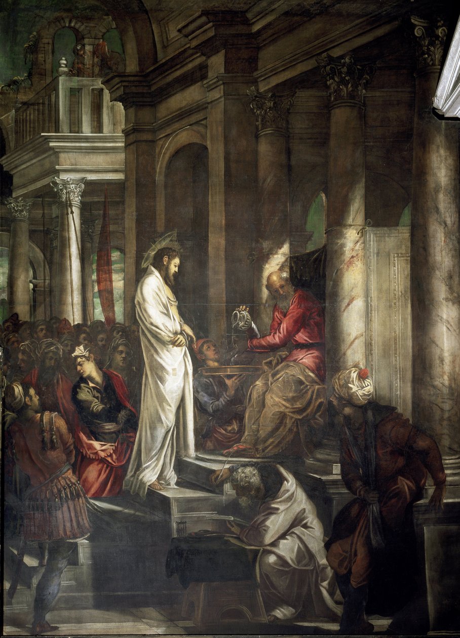 Kristus før Pontius Pilatus-maleri av Tintoretto (Jacopo Robusti) (Tintoret) (1518-1594) 1566-1567 Dim 515x390 cm Venezia Scuola di San Rocco Italia av Jacopo Robusti Tintoretto