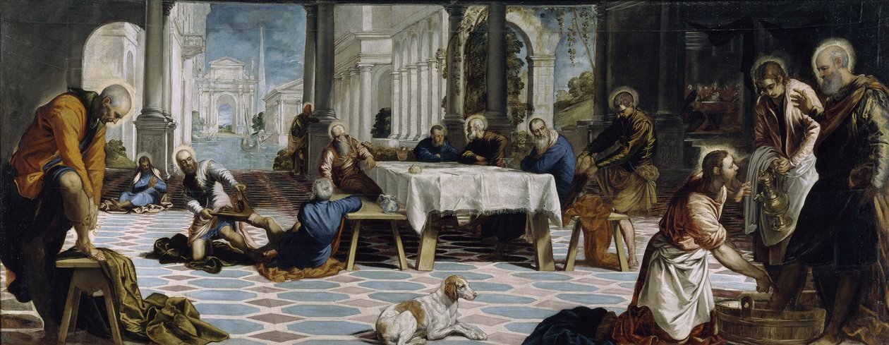 Kristus vasker disiplenes føtter, 1548 av Jacopo Robusti Tintoretto