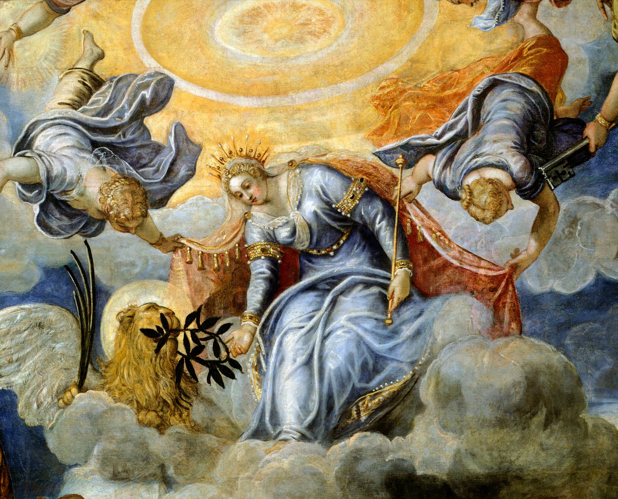 Doge Niccolo da Ponte mottar olivengren fra Venezia, av Jacopo Robusti kjent som Tintoretto (1518-1594), Detail, Sala del Maggior Consiglio (Hall of Great Council), Palazzo Ducale, Venezia av Jacopo Robusti Tintoretto