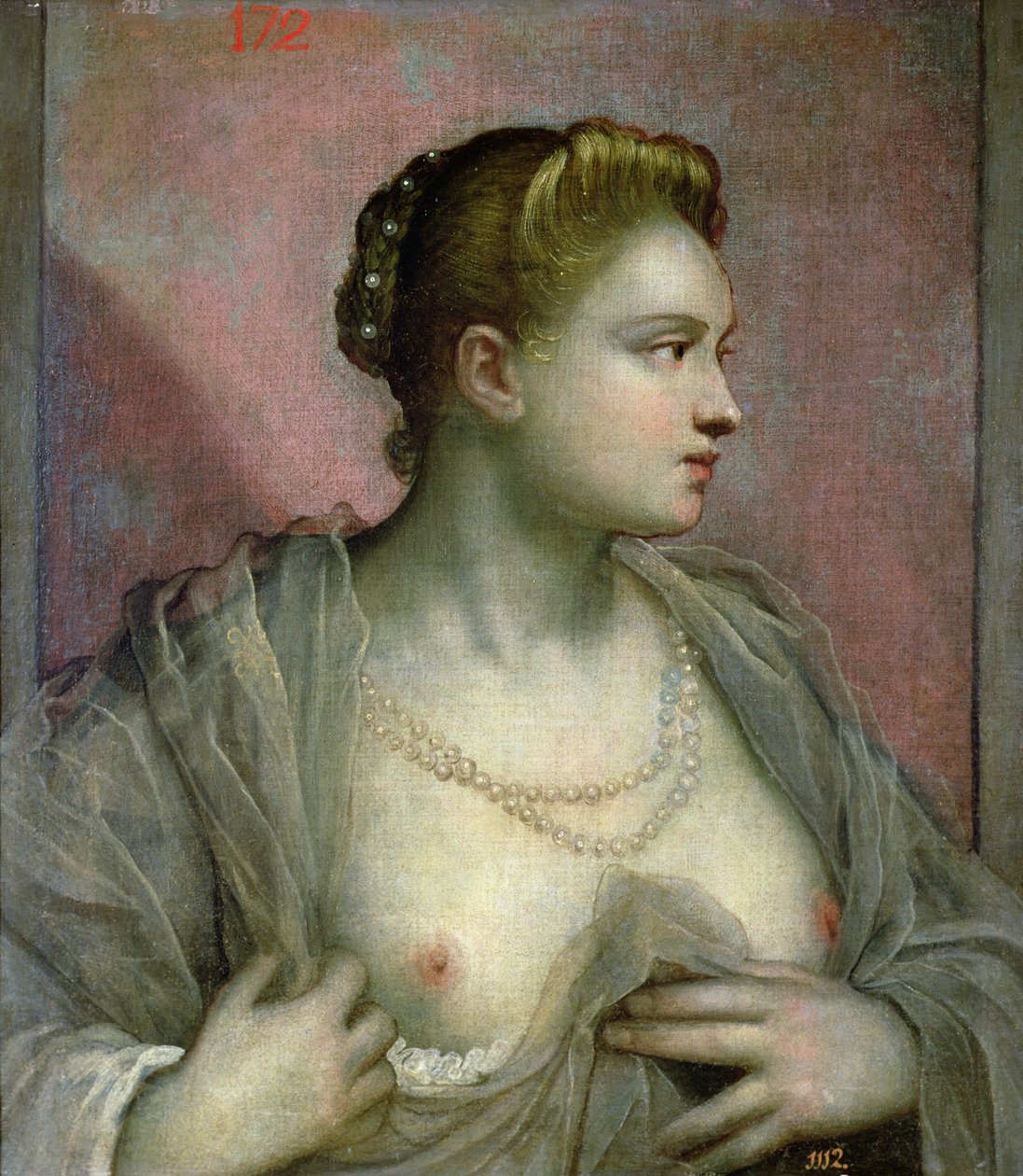 Portrett av en kvinne som avslører brystene sine, ca. 1570 av Jacopo Robusti Tintoretto