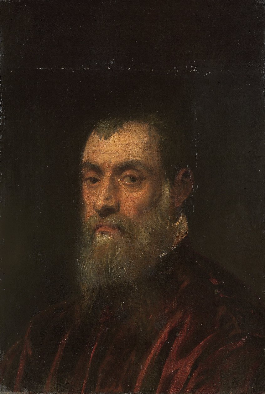 Portrett av en skjeggete mann, langs byste, i en rød kjole av Jacopo Robusti Tintoretto