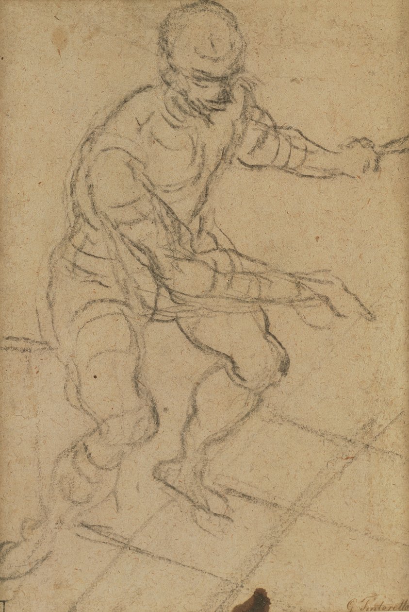 Sittende mann sett ovenfra (svart kritt på papir) (recto) (se 160813 for verso) av Jacopo Robusti Tintoretto