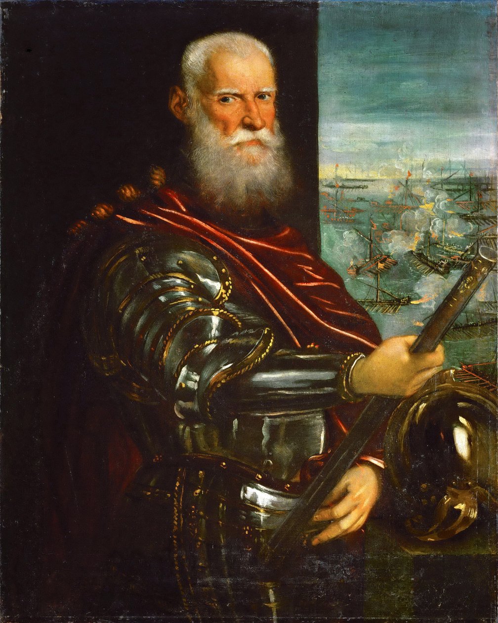 Sebastiano Venier (1496-1578), med slaget ved Lepanto i bakgrunnen - Jacopo Tintoretto (1518-1594). Olje på lerret, etter 1571. Mål : 104,5x83,5 cm. Kunsthistorisk museum, Vienne av Jacopo Robusti Tintoretto