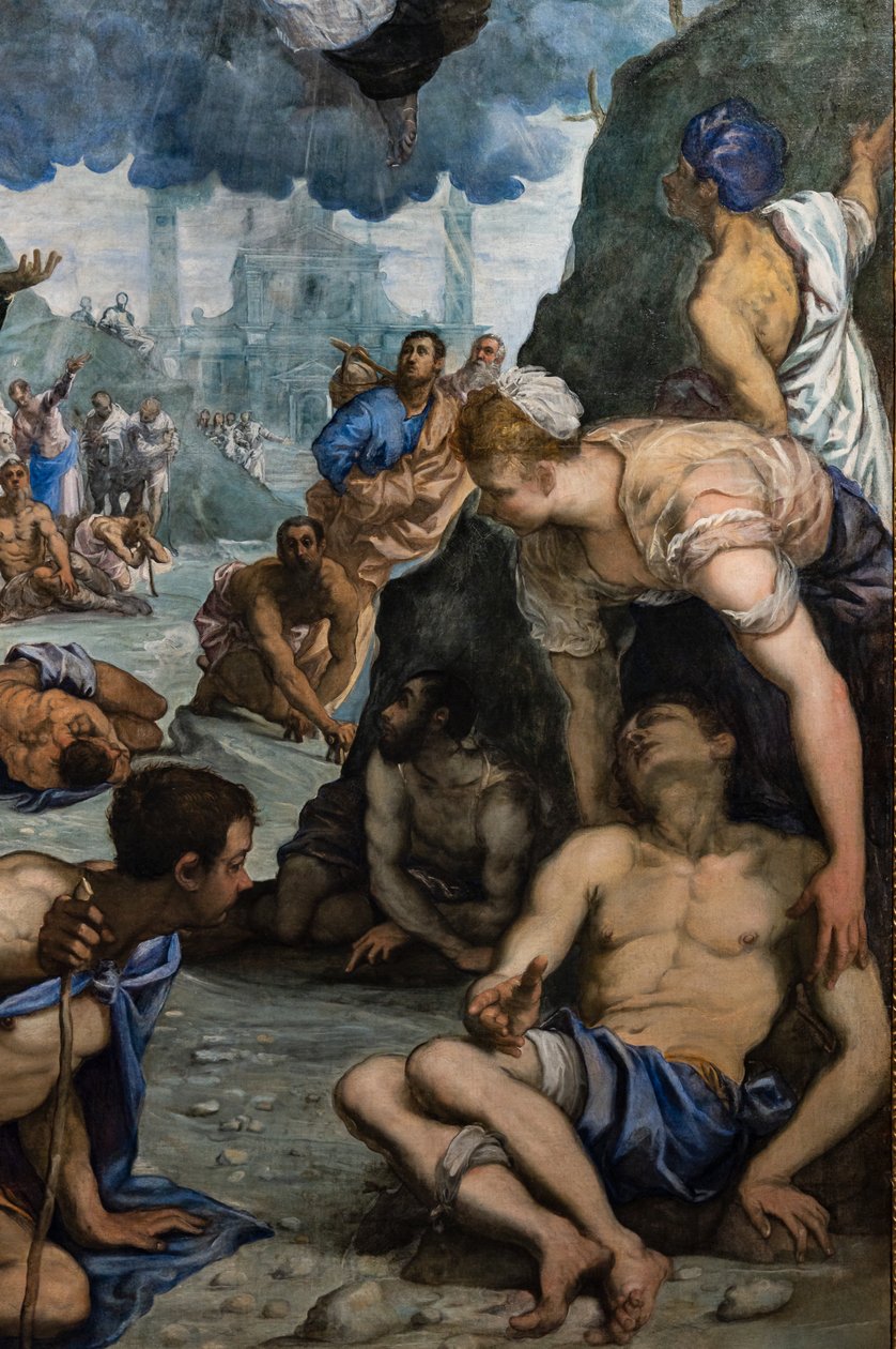St. Augustine helbreder de lamme, detaljene av Jacopo Robusti Tintoretto