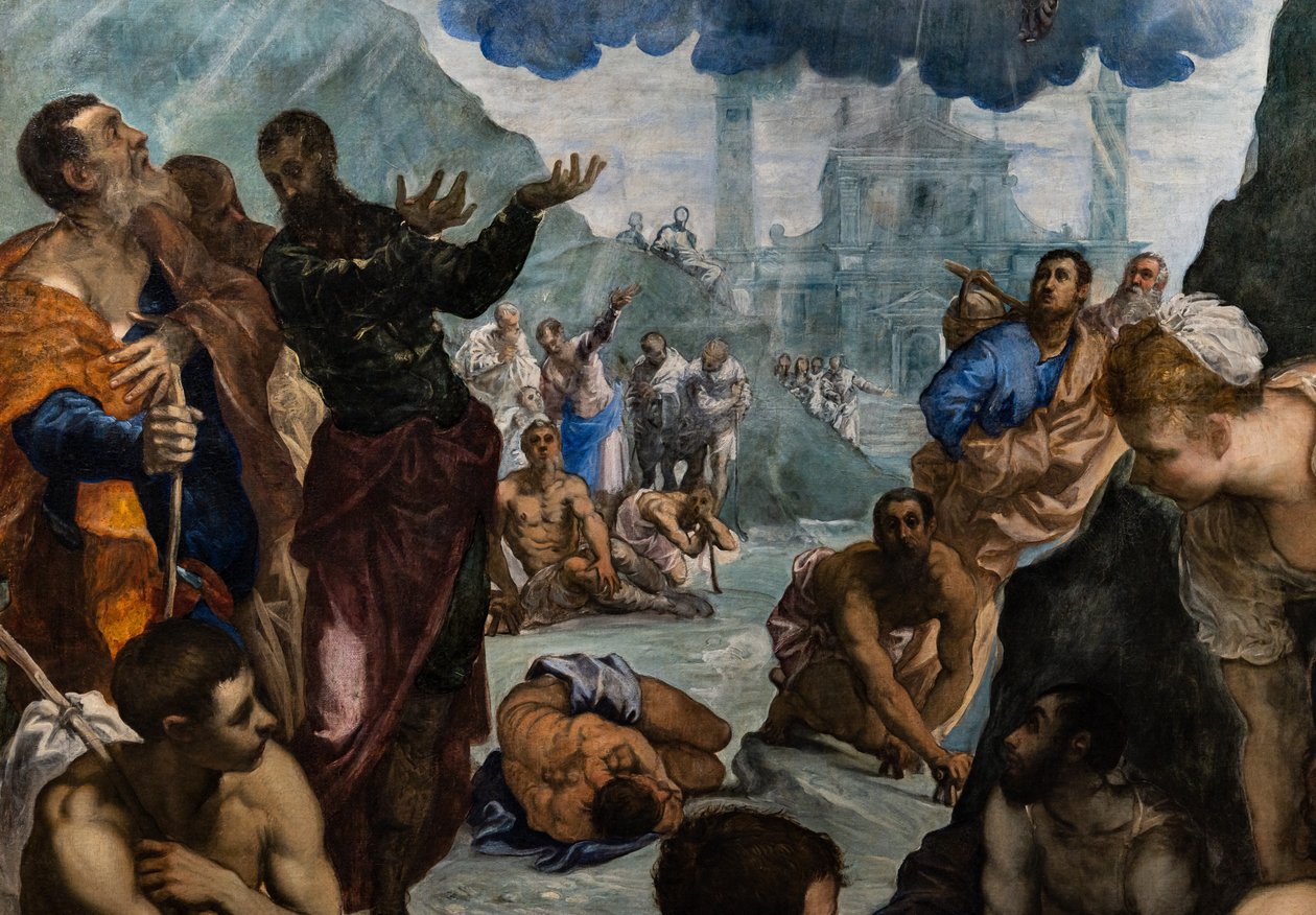 St. Augustine helbreder de lamme, detaljene av Jacopo Robusti Tintoretto