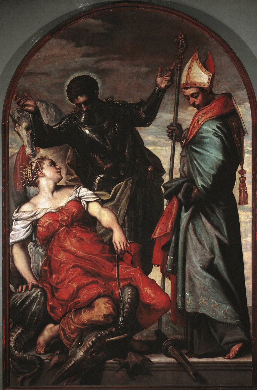 St. George, prinsessen og St. Louis - olje på lerret av Jacopo Robusti Tintoretto