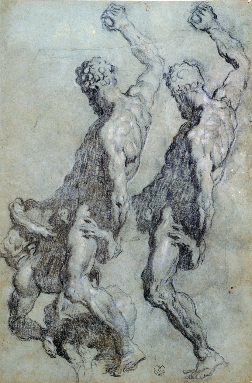 Studie av figurer av Jacopo Robusti kjent som Tintoretto (1518-1594), tegning i svart blyant og kull av Jacopo Robusti Tintoretto