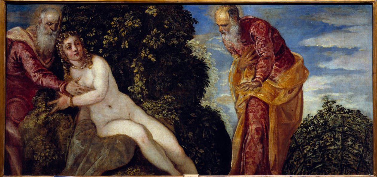 Suzanne and the Elders-maleri av Jacopo Robusti på Tintoret eller Il Tintoretto (1518-1594) 1500-talls søn. 0,58x1,16 m Madrid, Musee du Prado av Jacopo Robusti Tintoretto