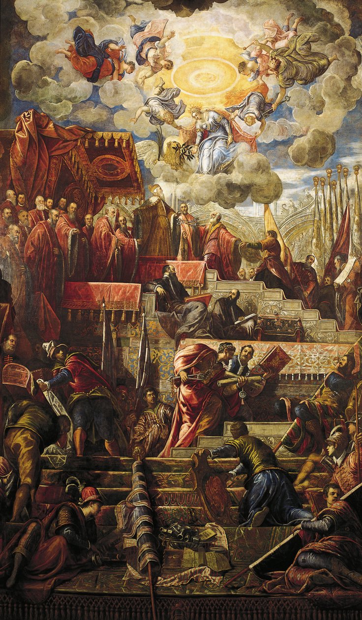 Doge Niccolo da Ponte mottar olivengren fra Venezia, Jacopo Robusti kjent som Tintoretto (1518-1594), Detail, Sala del Maggior Consiglio (Hall of the Great Council), Palazzo Ducale, Venezia av Jacopo Robusti Tintoretto