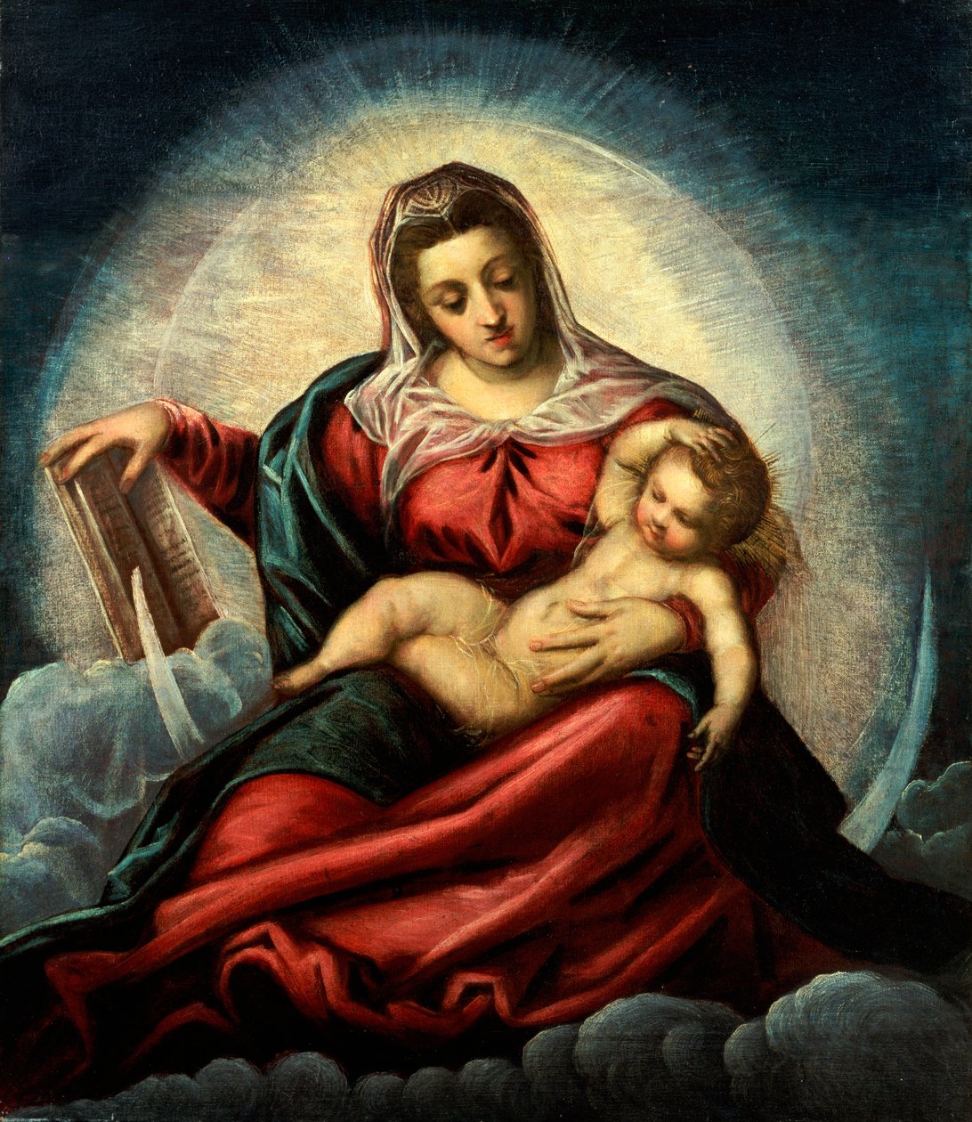 Madonnaen og barnet i en mandorla på en halvmåne og skyer, med visdomsboken av Jacopo Robusti Tintoretto