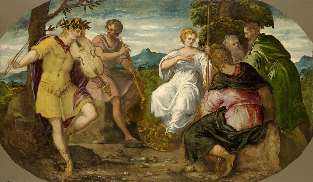 Den musikalske konkurransen mellom Apollo og Marsyas, ca 1545. av Jacopo Robusti Tintoretto