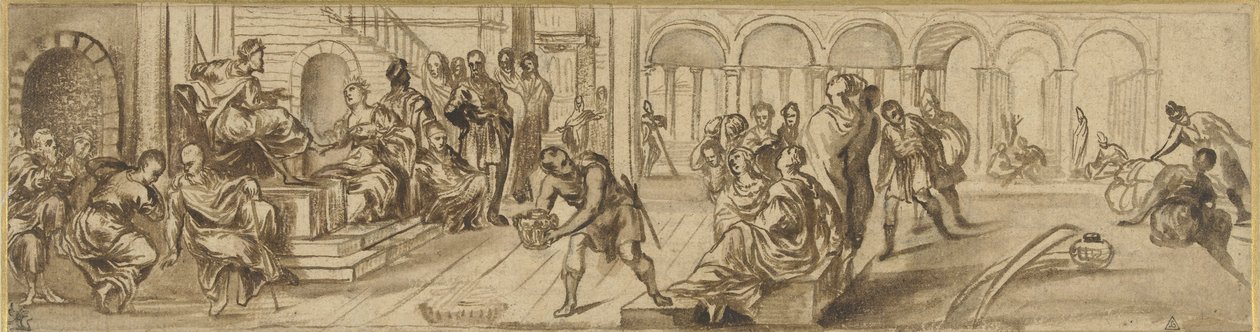 Salomo og dronningen av Saba, ca. 1600 (penn på papir) av Jacopo Robusti after Tintoretto