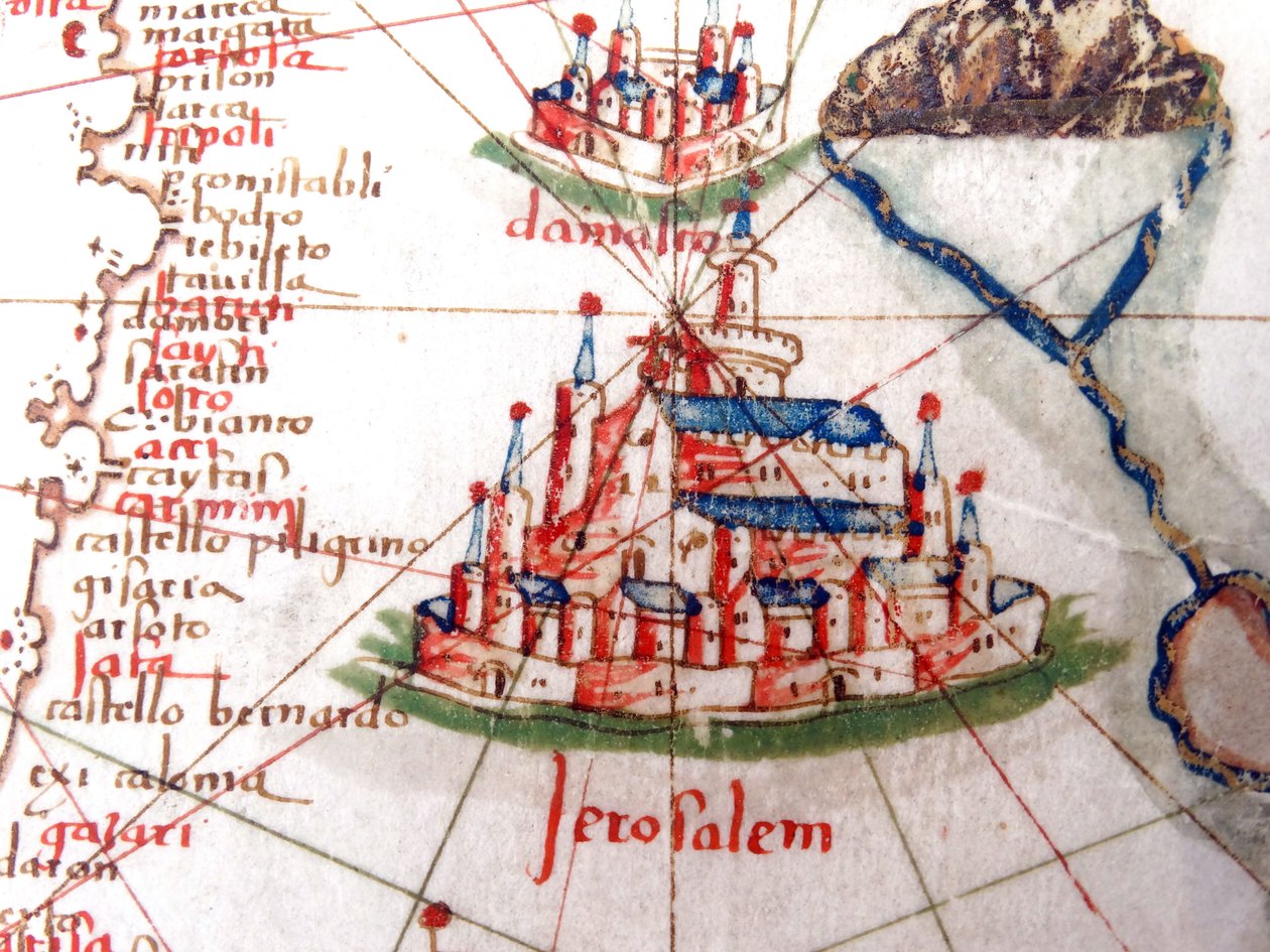 Detalj som viser Jerusalem og Damaskus fra et renessansekart over Europa, Jacopo Russo (etter), 1528 av Jacopo Russo
