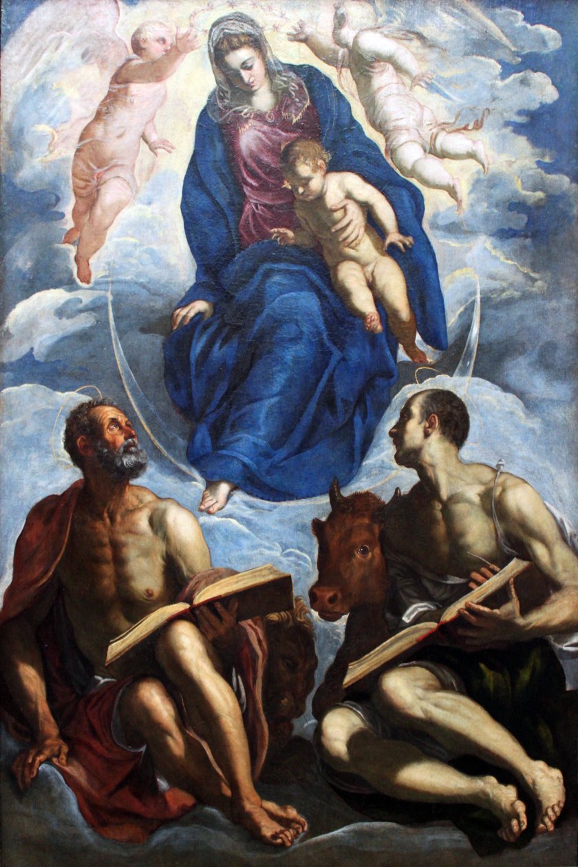 Maria med barnet, tilbedt av evangelistene Markus og Lukas av Jacopo Robusti Tintoretto
