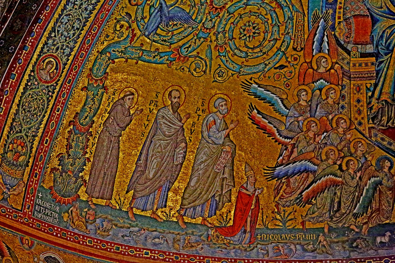 St. Frans, St. Paul, St. Peter, pave Nicholas IV og engler som deltar i Jomfruens kroning, apsis, mosaikk ca. 1290 av Jacopo Torriti