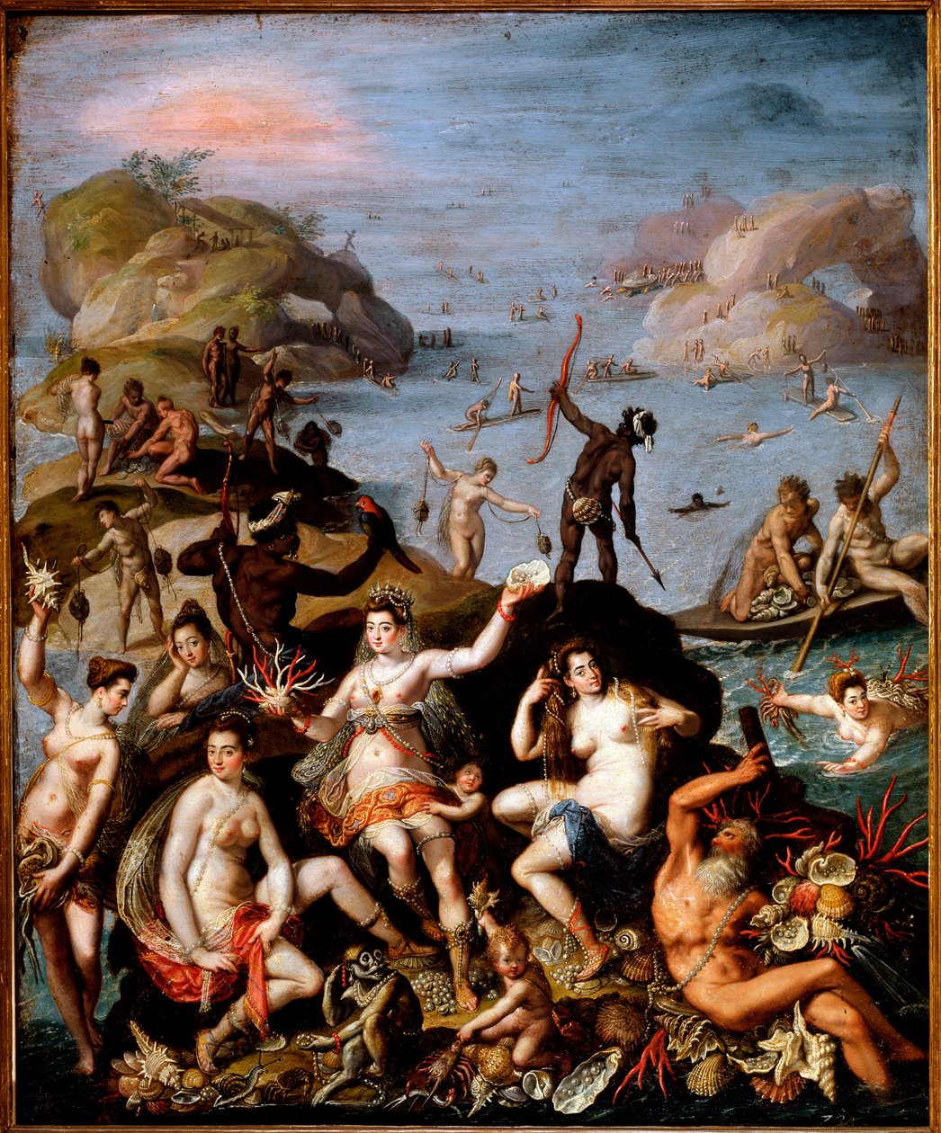 Korallfiske Allegorisk representasjon av oppdagelsen av den nye verden. Akvatiske og indiske nymfer med havets rikdommer, koraller, perleskall. Maleri av Jacopo Zucchi (1551-1589) 1585 ca. Dim. 55 x 45 cm Roma, galleria Borghese av Jacopo Zucchi