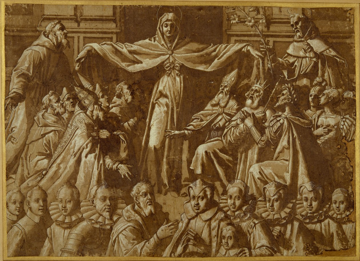 Madonna della Misericordia med Sts. Francis og Dominic, med andre helgener og herskere og en familie av givere (penn og brunt blekk med vask og hvit kroppsfarge på papir) av Jacopo Zucchi
