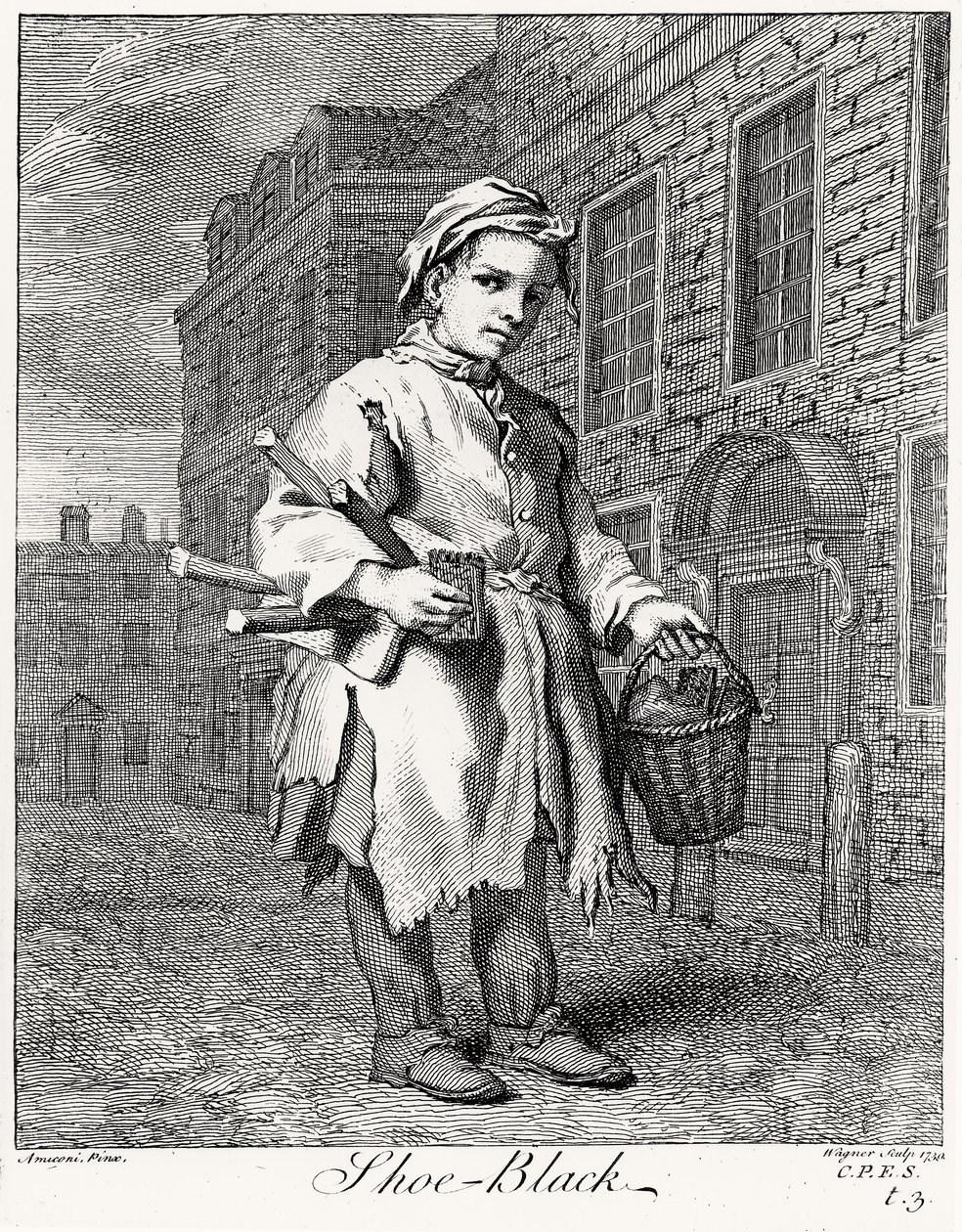 The Shoe Black, gravert av Wagner, 1739 av Jacopo after Amiconi